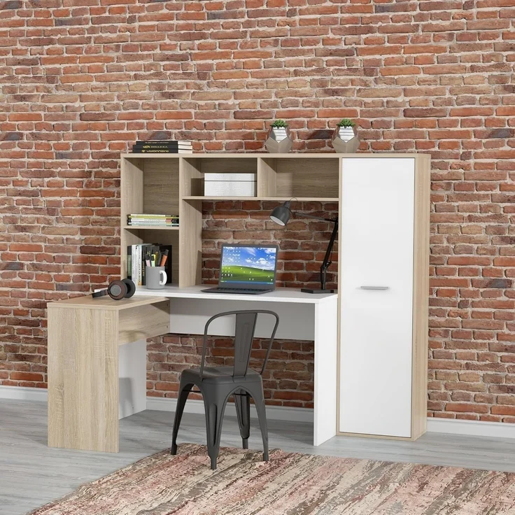 Eckschreibtisch >ERIADU< 8 Fächer, 1 Tür, Sonoma Eiche / Weiss - 173x152x116cm (BxHxT) – Bild 1