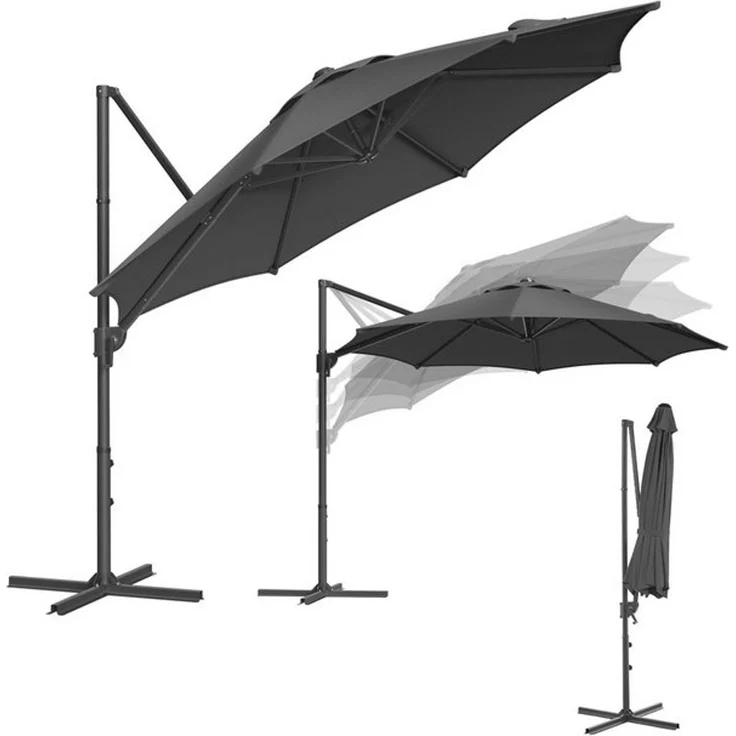 SONGMICS Sonnenschirm, Ampelschirm, 300 cm, UPF 50+, Gartenschirm, um 360° drehbar, Neigungswinkel stufenlos verstellbar, mit Kurbel, Kreuzfuß, Grau – Bild 4