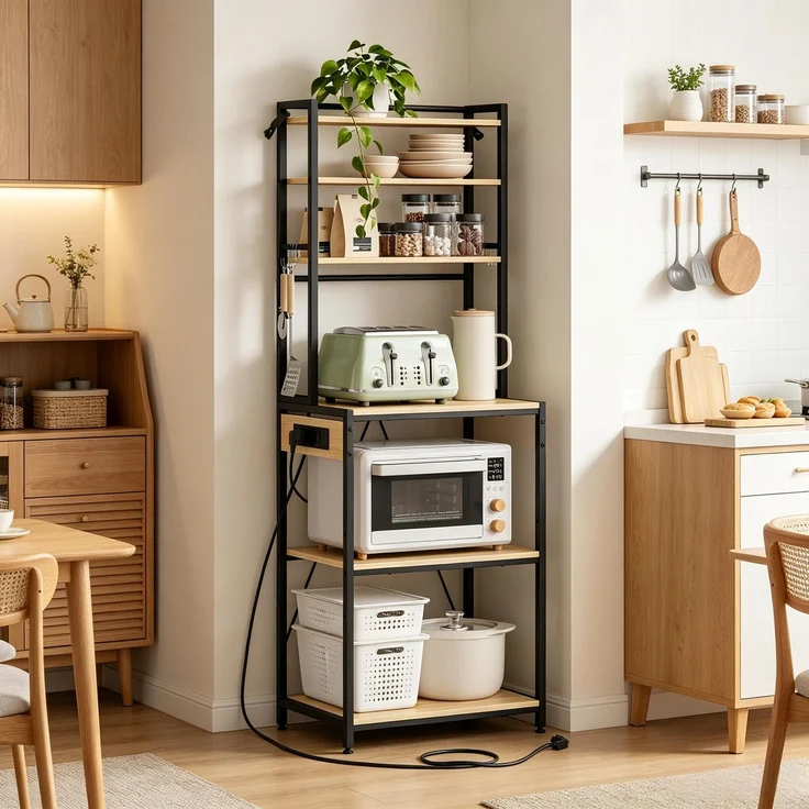 Stabil Coffee Bar Station,Küchenregal mit Steckdosen,Küchenkomode,Mini Küche Arbeitsstation,Display-Regal--Helles Eichenholz--40x60x167cm--YOUDENOVA – Bild 6