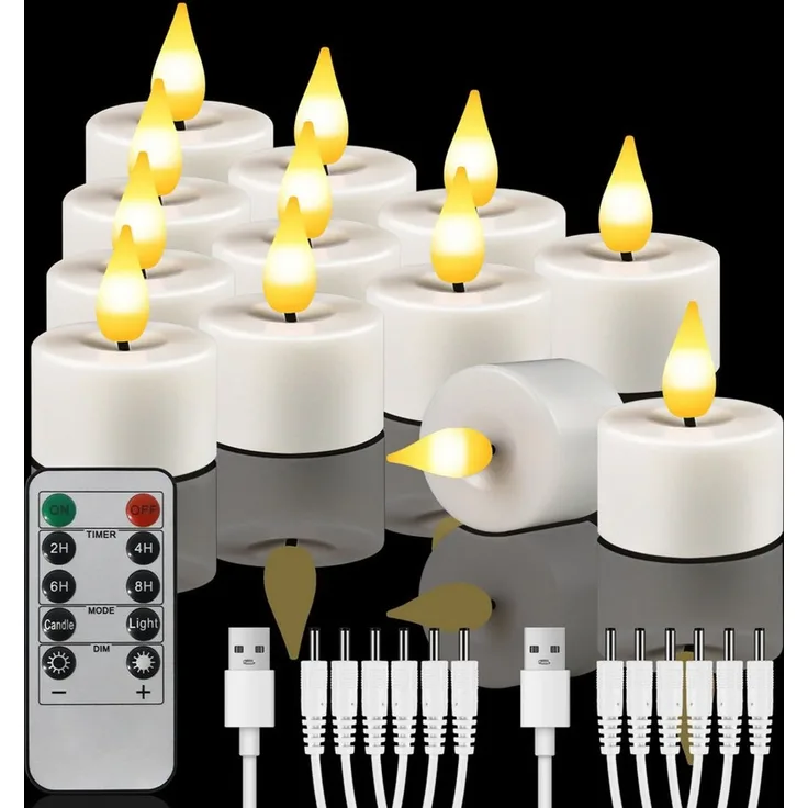OZAVO LED-Teelichter 6/12er set Aufladbar LED Teelichter mit Timer Fernbedienung USB-Kabel, warmweiß, Flammenlose LED Teelichter Dimmbar für Hochzeiten Partys