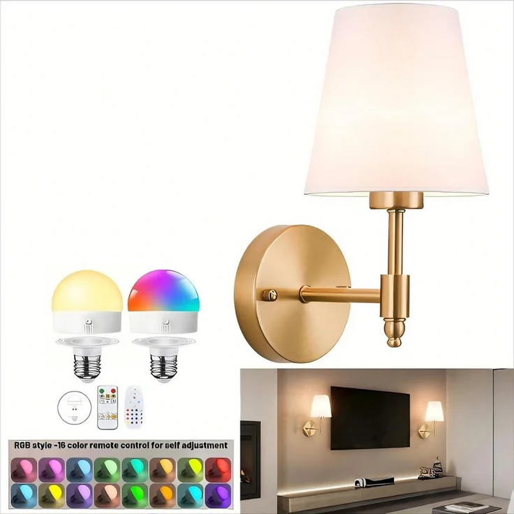 POPOLIC LED Wandleuchte Stoff Kabellose Wandleuchten,Retro Gold Wandlampen mit 1 Glühbirnen, LED wechselbar, Stoff Wandbeleuchtung E26/E27,für Wohnzimmer, Waschtisch, Badezimmer – Bild 1