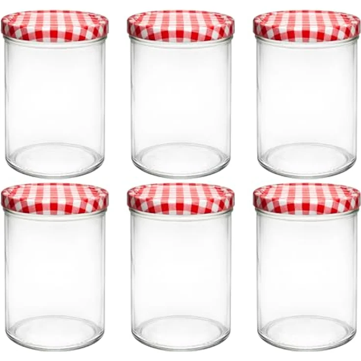 hocz 6x Einmachgläser 435 ml | mit Deckel Rot Kariert TO 82 | leere Gläser mit Schraubdeckel zum befüllen | Sturzgläser, Schraubgläser, Marmeladengläser Set | 6 Stück – Bild 1