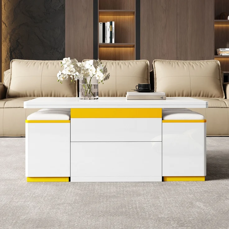 EINHOM Moderner Weiß Hochglanz-Couchtisch, Stilvoller Beistelltisch, Multifunktionaler, Höhenverstellbarer Couchtisch, Klappbarer Esstisch/Wohnzimmermöbel, 100 x 50 x 43 cm (L x B x H) – Bild 3