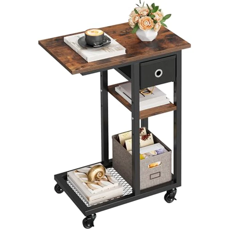 YITAHOME Beistelltisch, C-Form Sofatisch mit Rollen und Schublade，Wohnzimmertisch für Kaffee und Laptop，für Wohnzimmer, Schlafzimmer，50 x 30 x 67cm, Rustikales Braun – Bild 1