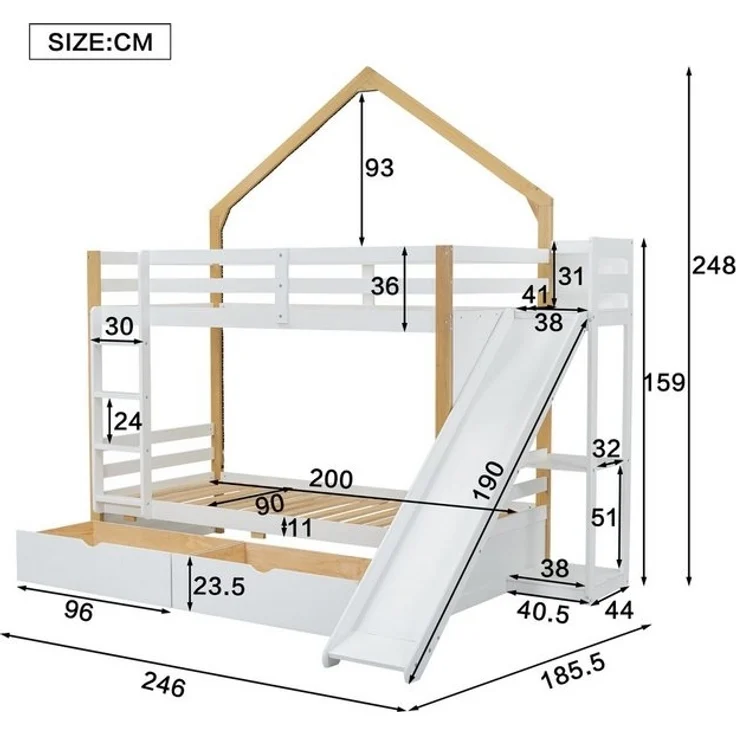 Merax Etagenbett, 90x200cm, Holz Hochbett mit Schubladen und Rutsche, Leiter und Regal – Bild 4