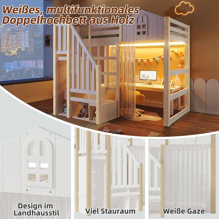 Hochbett 90x200 cm mit LED-Leuchten, Fensterform, Ablageleiter, offenem Staufach, Gaze, Kiefernholz, Weiß+Natur – Bild 6