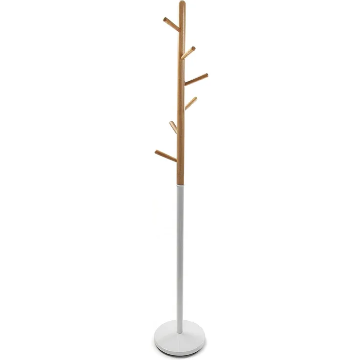 Versa Holstebro Minimalistischer Garderobenständer für den Eingangsbereich, mit 9 Haken für Kleidung oder Taschen für die Halle, Maßnahmen (H x L x B) 180 x 28 x 28 cm, Metall und Holz, Farbe: Weiß