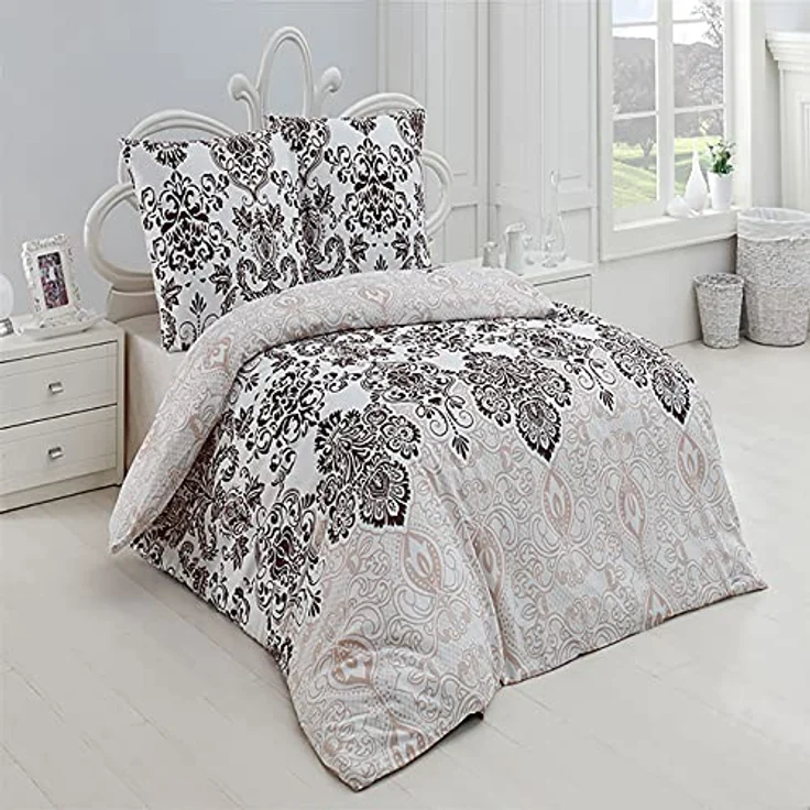 Buymax Bettwäsche Wendebettwäsche, Bettbezug-Set, Renforcé 100% Baumwolle, 3 teilig, 200x200 cm, elegant, mit Reißverschluss, Barock, Weiß, Beige – Bild 2