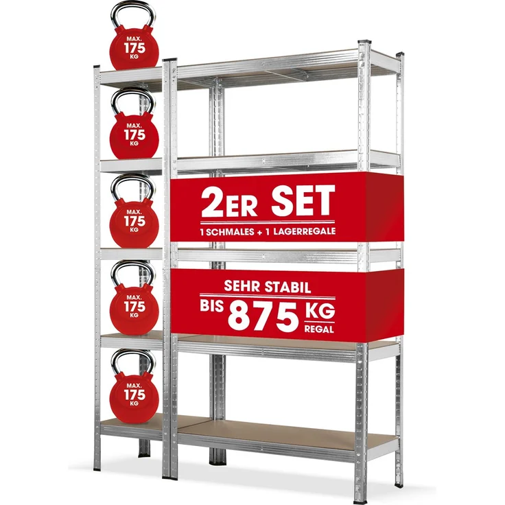 EASYmaxx Schwerlastregal-Set mit 5 belastbarenHolzböden 2-tlg. silber/holzfarben – Bild 1