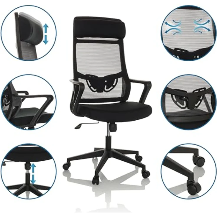 MID.YOU Drehstuhl Schwarz, Textil, ergonomische Rückenlehne, 360° drehbar, inklusive Armlehnen, 69x122-132x69 cm – Bild 5