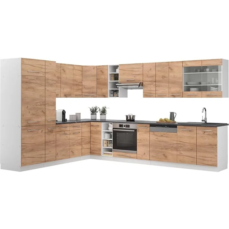 Eckküche Fame-Line Goldkraft Eiche/Weiß 347 x 257 cm ohne Arbeitsplatte Vicco – Bild 7