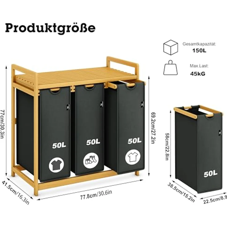 AdelDream Wäschekorb Wäschekörbe mit Bambusrahmen, 150 l, 3 Fächer – Bild 4