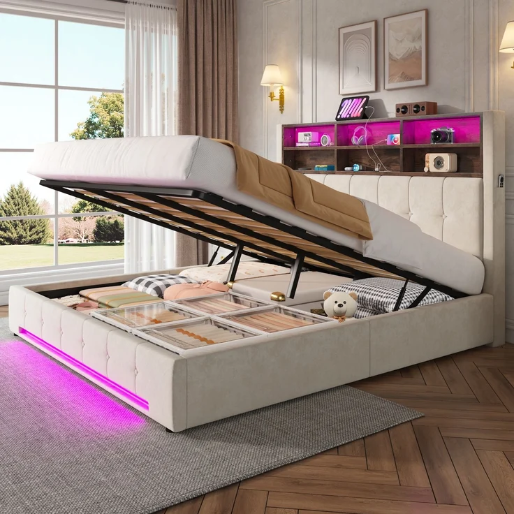 TavilaEcon Polsterbett mit Bettkasten und USB-C-Anschluss beige Liegefläche 180 × 200 cm – Bild 1