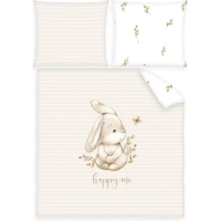 Herding babybest Wiegenbettwäsche, Häschen, Kopfkissenbezug 35x40 cm, Bettbezug 80x80 cm, 100% Baumwolle, Beige