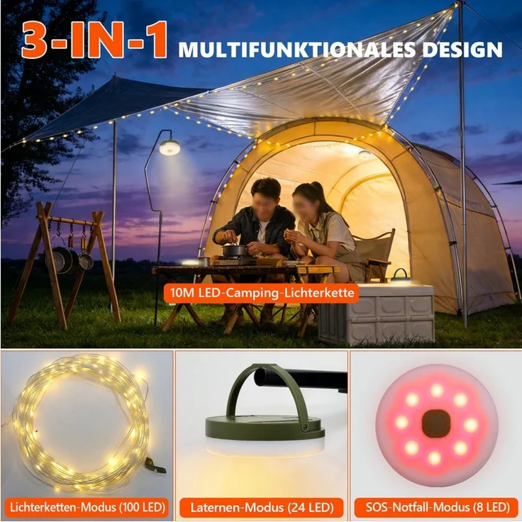 OZAVO LED-Lichterkette Camping Lichterkette Aufrollbar 3 in 1 LED-Lichterkette, 100-flammig, 3 Beleuchtungsmodi für Camping, Zelt,Hof und Häuser (10M) – Bild 2