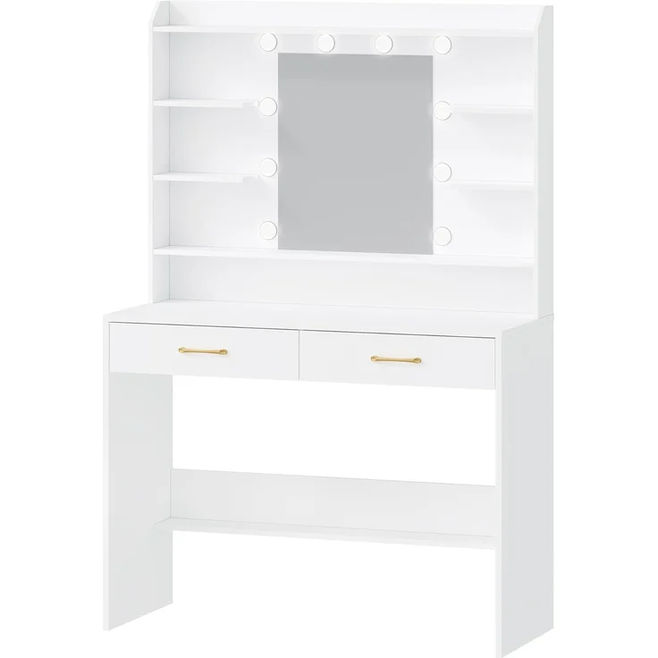 Hzuaneri Schminktisch mit Spiegel, Ablageflächen, 2 Schubladen, verstellbare Helligkeit, Weiß, 40x100x149 cm – Bild 2