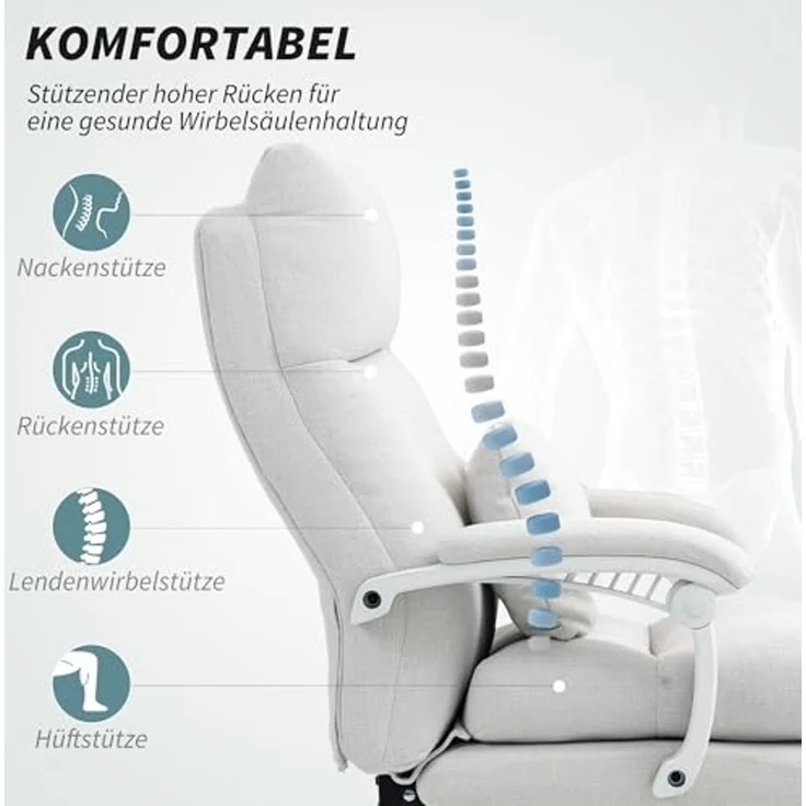HOMCOM Schreibtischstuhl gepolsterter Bürostuhl mit Fußstütze, Schwenkrädern (höhenverstellbarer Arbeitsstuhl, 1 St), 70 x 68 x 114-122 cm, Cremeweiß – Bild 4