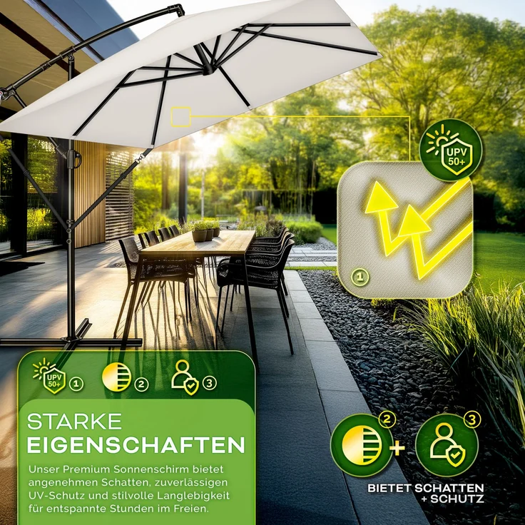 tillvex® Ampelschirm Eckig mit Ständer & Windschutz, Abdeckung mit Kurbel, Aluminium beige, Ø 330 cm – Bild 2