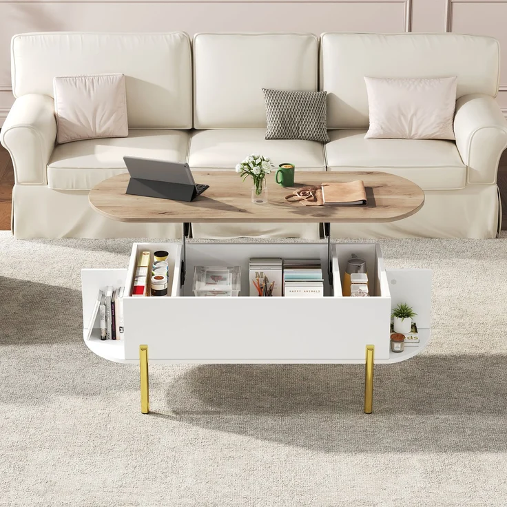 Lift-Couchtisch 120 x 50 x 43 cm, anhebbarer Wohnzimmertisch mit verstecktem Stauraum, 3 Ablagefächer, halboffene Regale – Bild 6