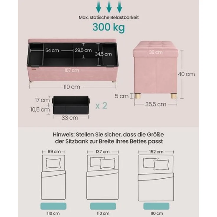 SONGMICS Sitzbank mit Stauraum, Hocker faltbar, 38 x 110 x 40 cm, Aufbewahrungsbox mit Deckel, Fußhocker 112 L, Samt, bis 300 kg belastbar, Flur Wohnzimmer Schlafzimmer – Bild 3