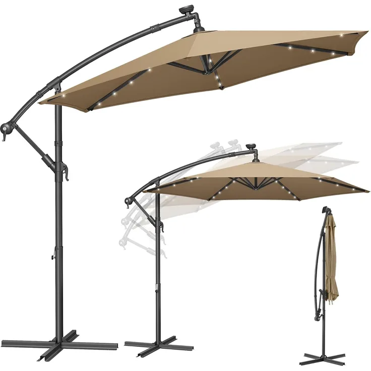 Songmics Sonnenschirm mit LED-Solar-Beleuchtung und Ständer, UPF 50+, Stahl taupe, Ø 300 cm