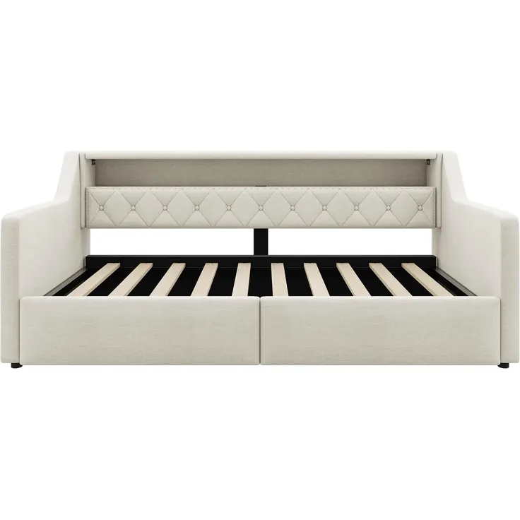 Schlafsofa mit LED-Beleuchtung und Aufbewahrung, Polsterbett mit Lattenrost, 90x200 cm, Einzelbett, Jugendbett, Leinen – Bild 8