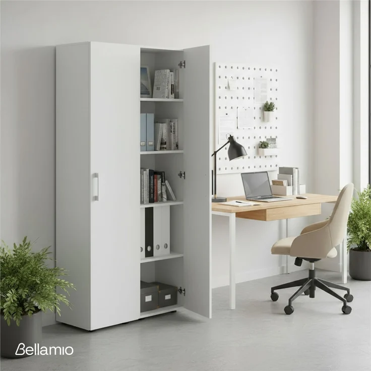 Bellamio 'Apol' Mehrzweckschrank schmal, weiß, 176x33x40 cm, Aktenschrank mit 5 Ablagefächern, Tür beidseitig montierbar – Bild 2