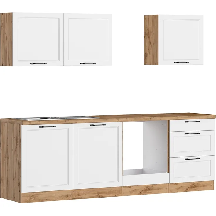 Küchenzeile 240 cm in weiß und Eiche, Arbeitsplatte in Eiche, MONTERREY-03