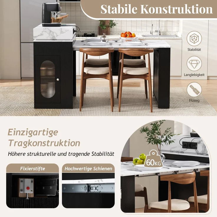 Merax Kücheninsel mit Rollen, Ausziehbarer Esstisch mit faltbarer Tischplatte, Bartisch mit Steckdosenleisten und Haken, dient als Kücheninsel, Sideboard oder Bartisch(Schwarz) – Bild 8