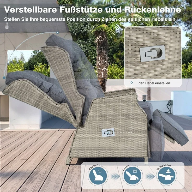 HOMECALL Rattanstuhl Gartensessel Indoor Verstellbar Liegestuhl Gartenliege balkonliege (Wetterfester Rahmen, klappbarem Beistelltisch und Fußstütze, 2 St), COMLAX FIELD – Bild 2
