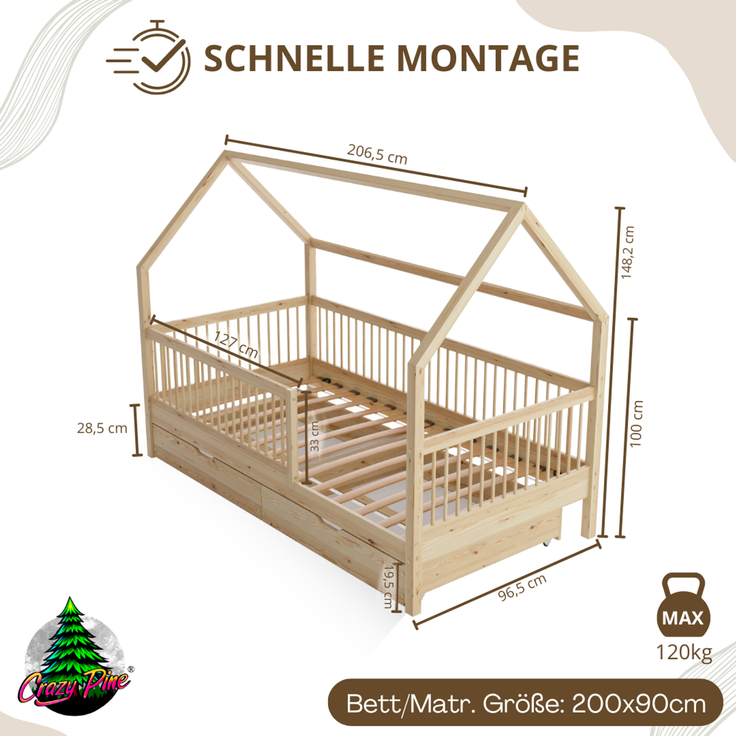 Crazy Pine 'Crazy Folly+' Hausbett mit hohem Rausfallschutz, Holz natur, 90x200 cm, mit Schublade – Bild 2