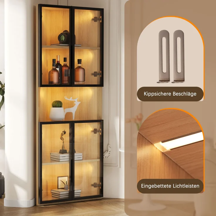 ZUBALIYA LED-Glasvitrine 62x32x160cm – Außenseite aus Eiche, integrierte Lichtleiste, staubdichter Schrank aus gehärtetem Glas, Eckvitrine mit Tür – Sammlungsvitrine, Bücherregal, Weinschrank,Badezimmerschrank – Bild 4