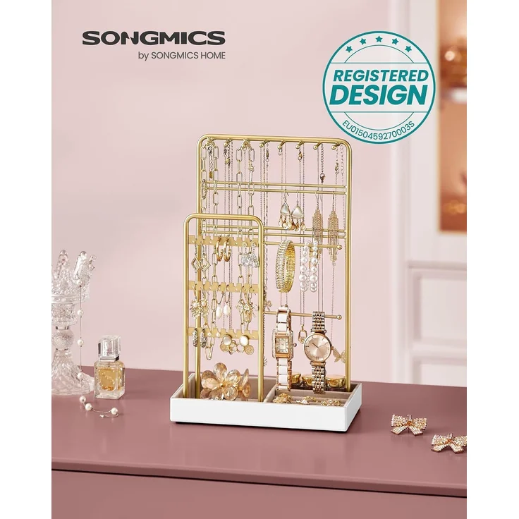 SONGMICS Schmuckständer, Schmuckhalter, Metallrahmen, Schmucktablett Samt, Schmuckaufbewahrung für Halsketten Armbänder Ohrringe Ohrstecker Ringe, Geschenkidee, Weihnachten, goldfarben JJSDE021A01V1 – Bild 2