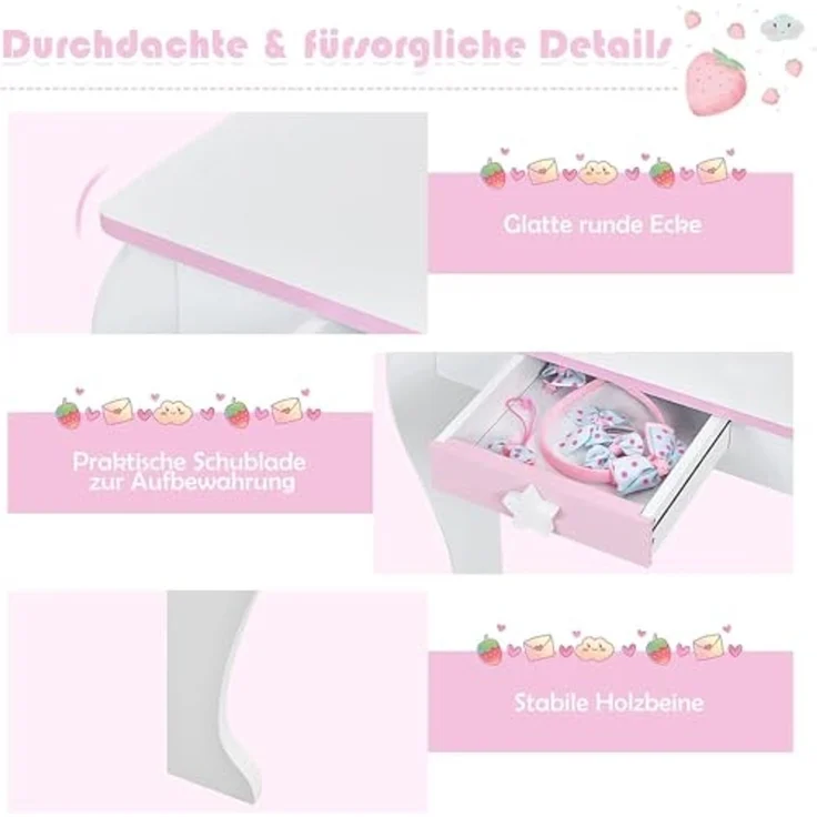 FANTASK Kinderschminktisch mit Schublade und abnehmbarem Spiegel, Prinzessinnenschminktisch mit Hocker, rosa und weißer Schminktisch für Mädchen von 3-7 Jahren – Bild 5