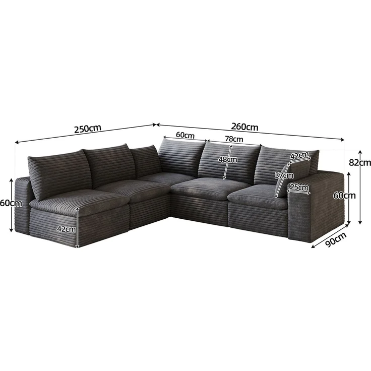 DESVIAE Sofa modular 260x250x60 cm aus Stoff Dunkelgrau mit Schaumstoffpolsterung – Bild 9