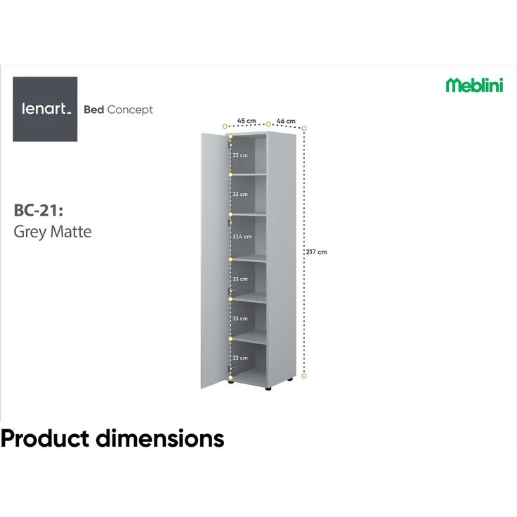 MEBLINI Schrank für Schrankbett Bed Concept - Hochschrank mit Regalen - BC-21 - Grau Matt – Bild 7