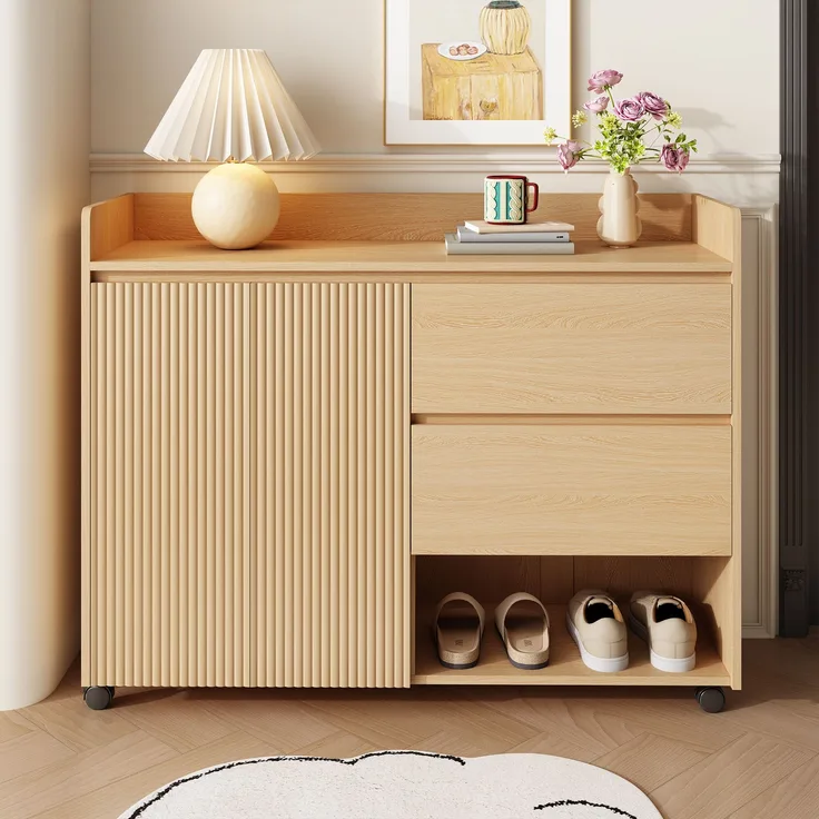 Schuhschrank aus MDF mit Rollen & Schubladen, 110x35x86 cm, Natur