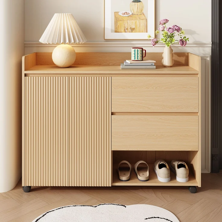 Schuhschrank aus MDF mit Rollen & Schubladen, 110x35x86 cm, Natur – Bild 1
