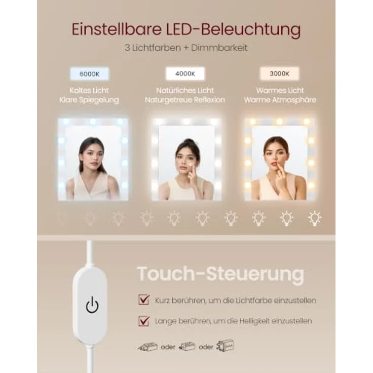 VASAGLE Schminktisch mit Beleuchtung und Hocker Set | Kosmetiktisch in L-Form mit 8 Schubladen und Steckdose, für Schlafzimmer, KAILYN Kollektion RDT140WB01-02 – Bild 8