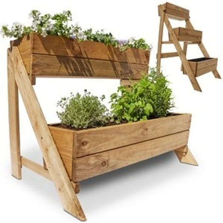 Onbest Pflanzentreppe Holz 2-stöckig 3-stöckig mit Innenvlies, 4 x14x19,5cm Pflanzkasten – Bild 6
