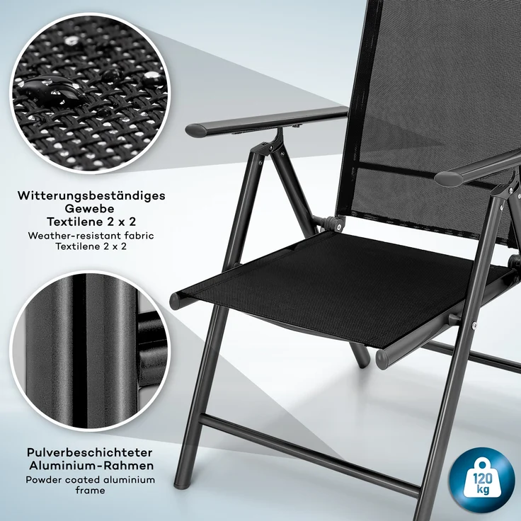 tillvex Gartenstuhl Anthrazit klappbar aus Aluminium | Hochlehner mit Armlehnen | Klappstuhl verstellbar | Klappsessel Balkon Garten Terrasse – Bild 8