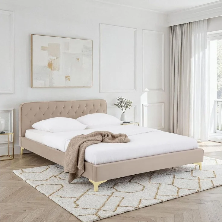 CARO-Möbel Polsterbett GLAMOUR, Bett GLAMOUR gepolstert mit Steppmuster aus Samtstoff beige – Bild 5