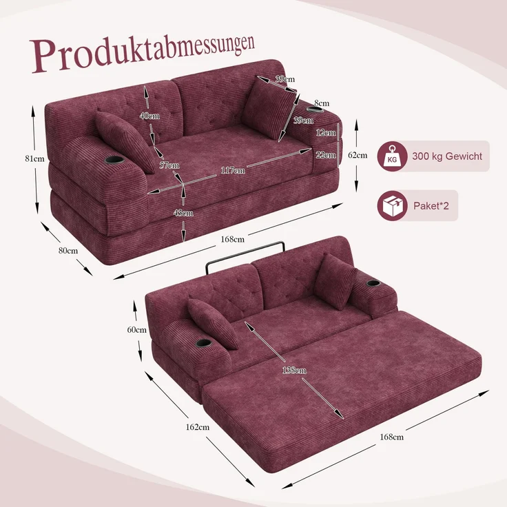 TavilaEcon 2-Sitzer Schlafsofa, komprimiertes Cord Sofa mit hoher Rückenlehne rot 81 × 80 × 168 cm (H × T × B) – Bild 2