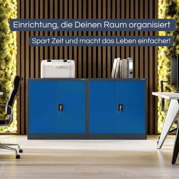 Aktenschrank abschließbar KADO - 3 Ebenen verstellbar, Flügeltüren | Metallschrank Werkstatt Mehrzweckschrank Büroschrank aus Stahl Werkzeugschrank, 93x90x40cm Anthrazit-Blau – Bild 3