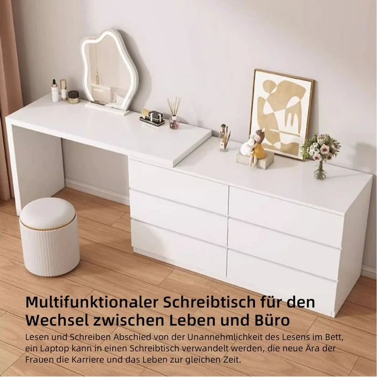 PEALOV Schminktisch mit LED-Spiegel, drehbarer Tischplatte und 6 Schubladen (1-St), Weißer Frisiertisch, vielseitig als Kommode oder Schreibtisch nutzbar – Bild 4