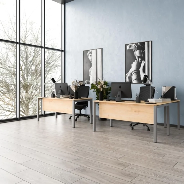 Schreibtisch Tetra, 160 cm, inkl. Anbau rechts o. links montierbar, Saphir Eiche Dekor/silber RAL 9006 inkl. Kabelkanal – Bild 7