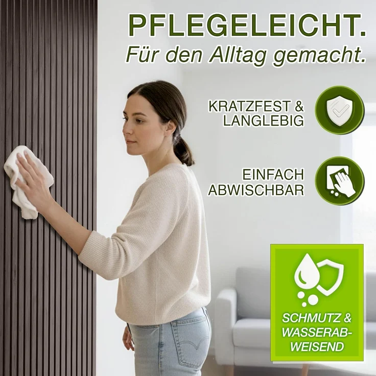 TRESKO® 2 Stück Akustikpaneele Holz 120×60 cm inkl. 4x Kleiderhaken | Wandverkleidung Nussbaum als 3D Lamellenwand | Holzpaneele Paneele für Schallschutz | Akustik Wandpaneele mit Montageset – Bild 7
