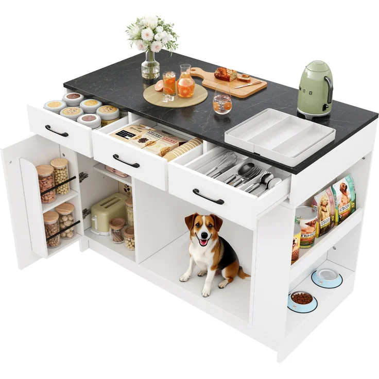 Küchenwagen 120 x 60 x 90 cm mit 3 Schubladen, Gewürzablage und Haustierbereich – weiß – Bild 6