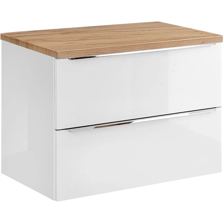 Waschtischunterschrank 61cm mit 2 Auszügen TOSKANA-56 in Hochglanz weiß mit Wotaneiche, B/H/T ca. 61/59,5/46 cm – Bild 7