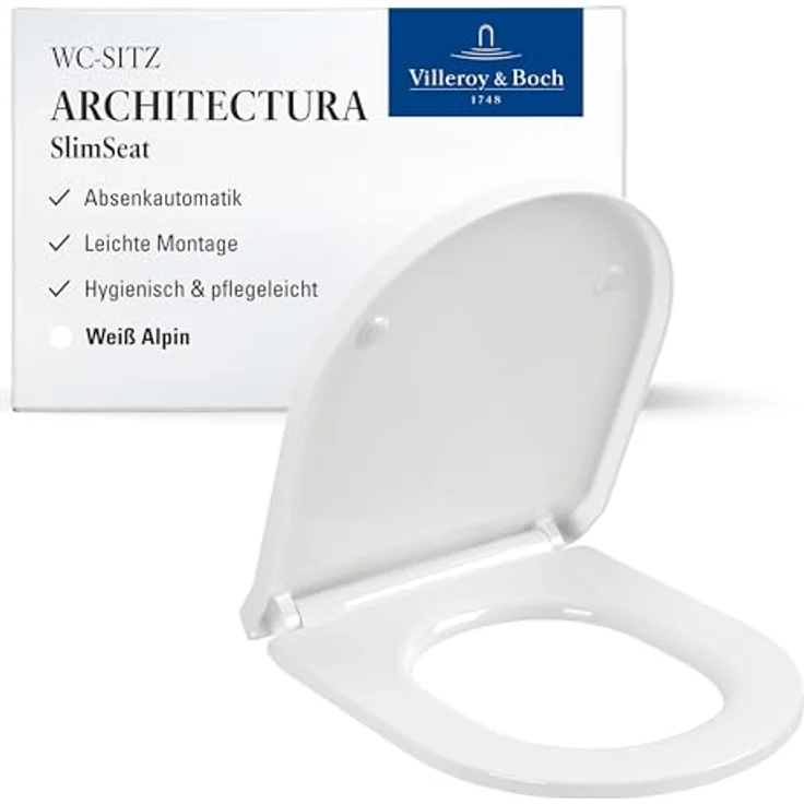 Villeroy & Boch Architectura WC-Sitz SlimSeat, Toilettendeckel mit Absenkautomatik, abnehmbarer Toilettensitz aus bruchsicherem Duroplast, Klodeckel Original Ersatzteil, D-Form, Weiß Alpin, glänzend – Bild 2